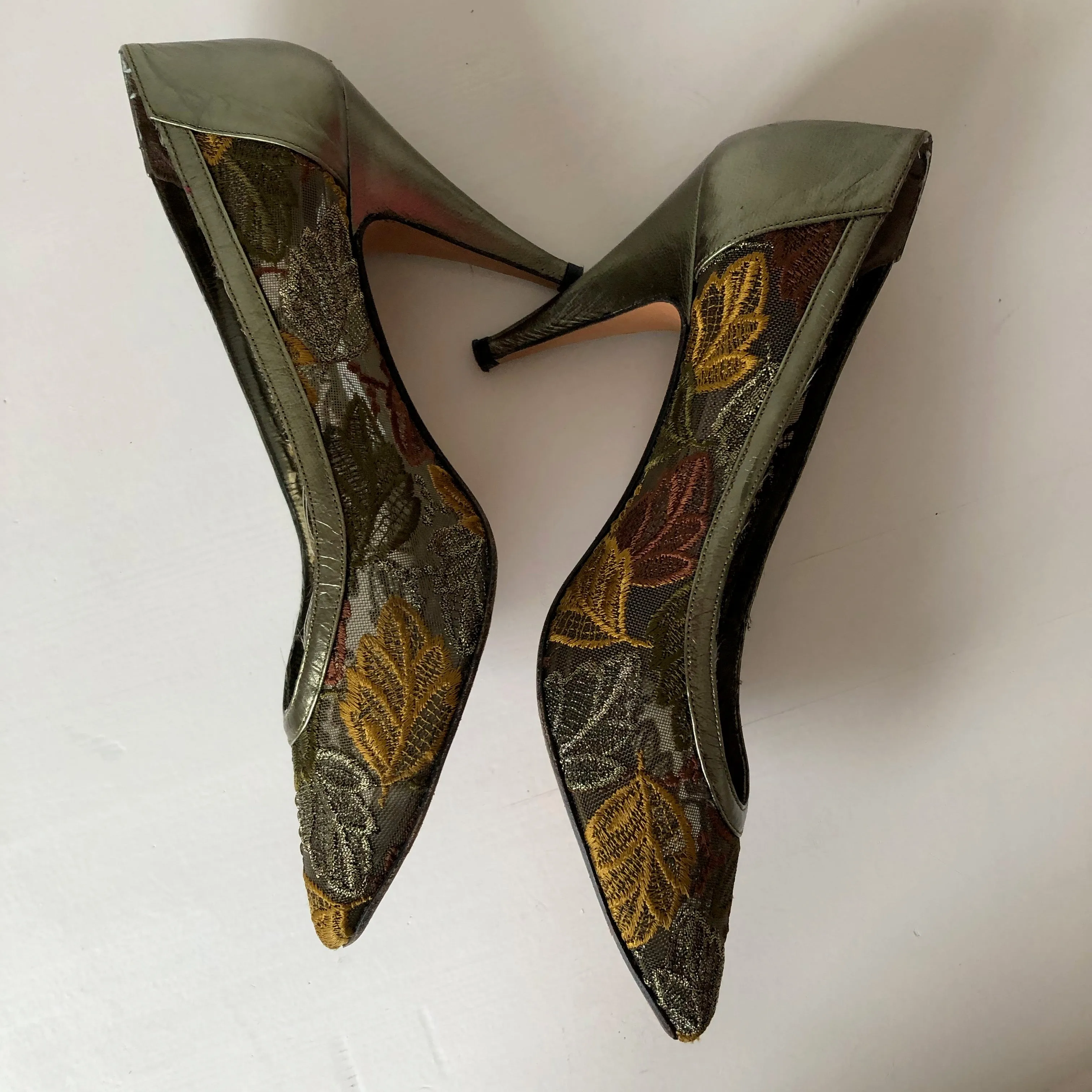 Semi Sheer Leaf Embroidery 80s Heels