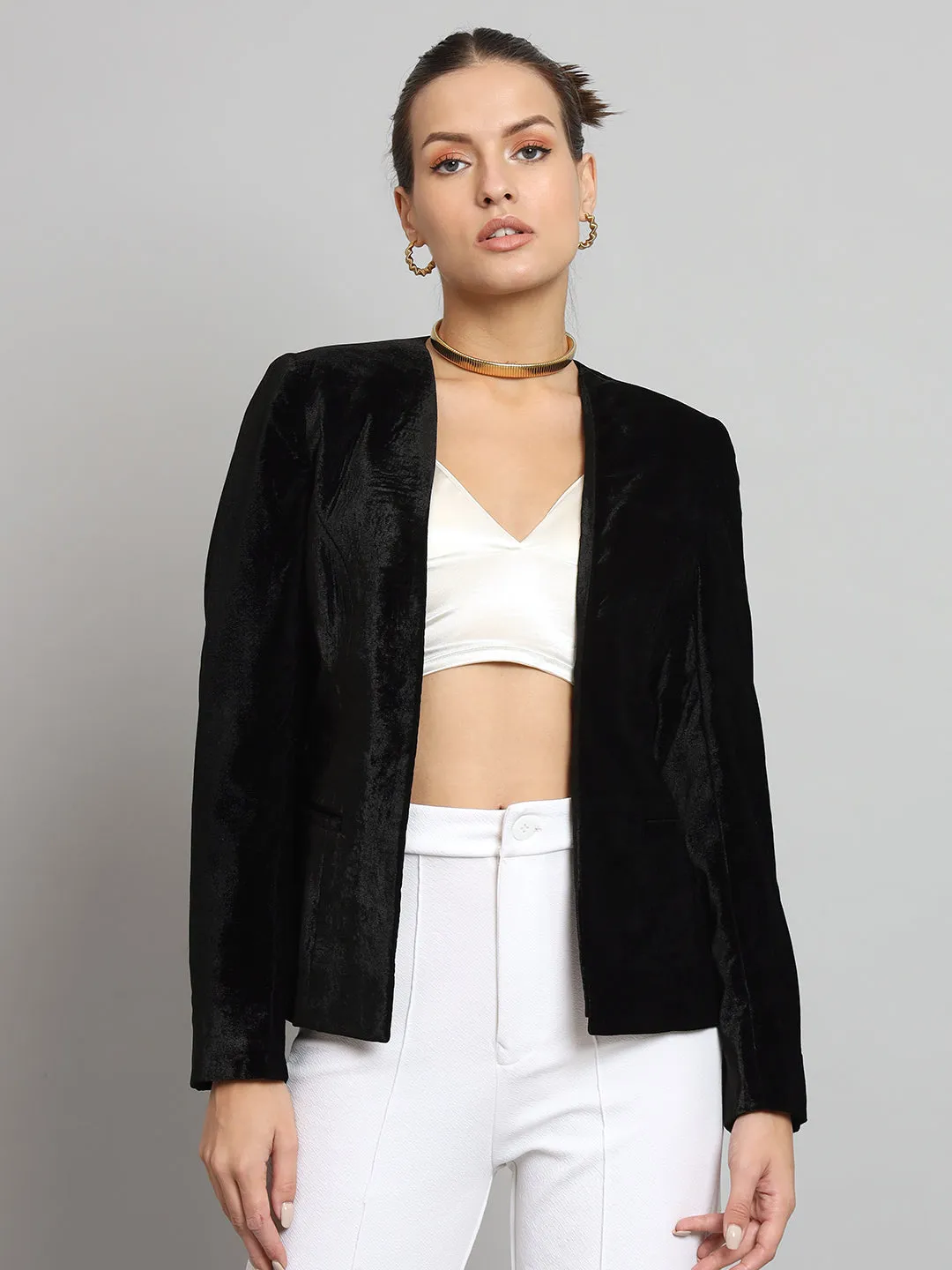 Short Velvet Jacket Without Collar- Black