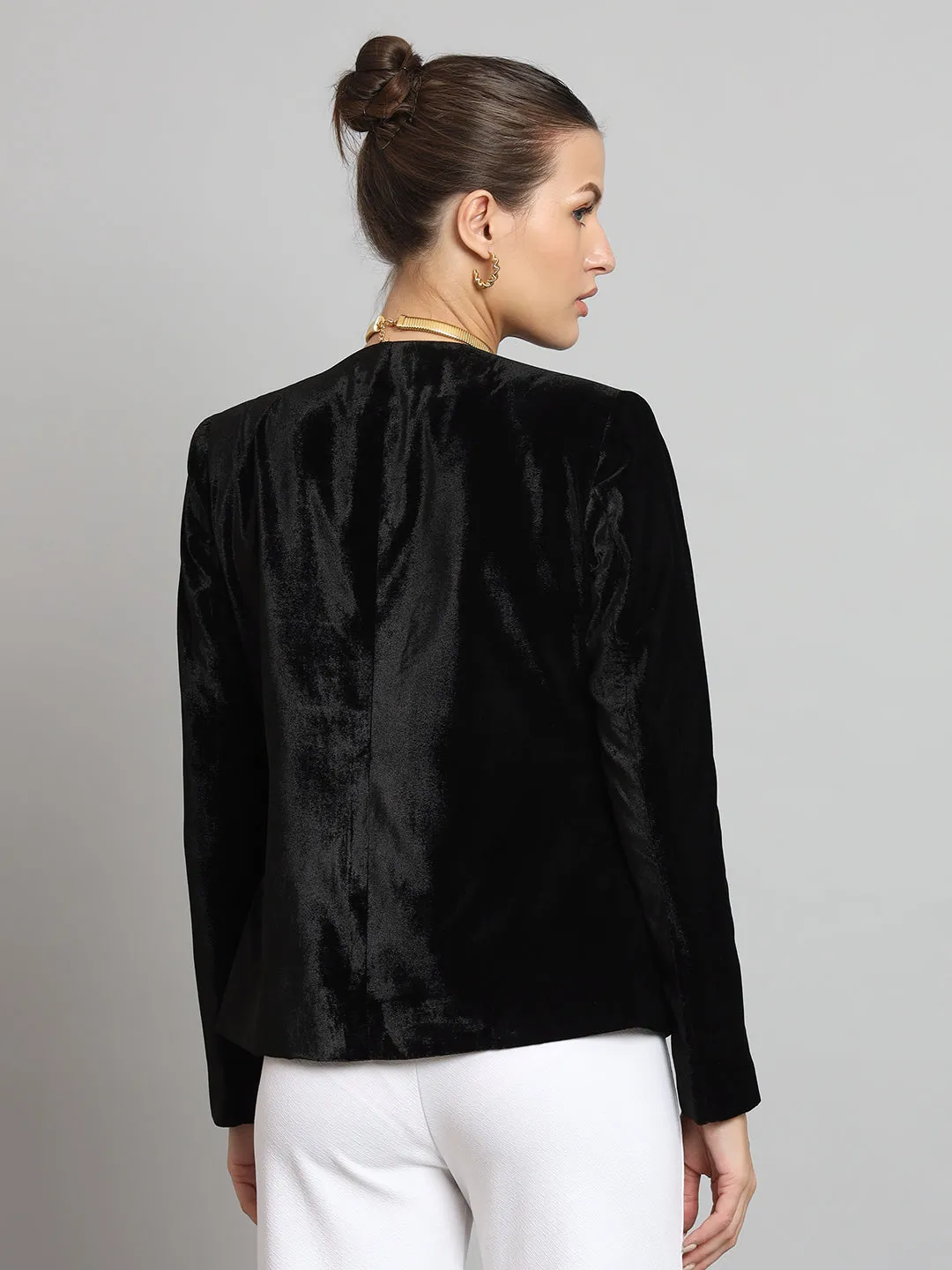 Short Velvet Jacket Without Collar- Black