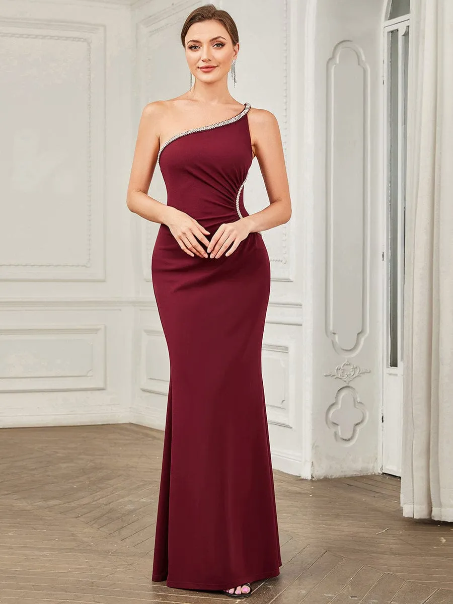 Sleeveless Backless One Shoulder Stretchy Formal Dress with Rhinestone