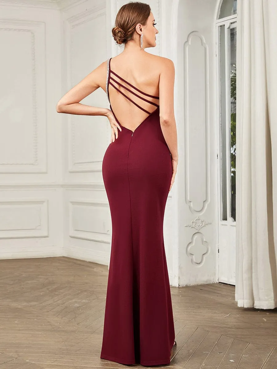 Sleeveless Backless One Shoulder Stretchy Formal Dress with Rhinestone