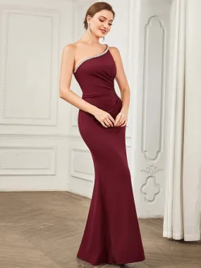 Sleeveless Backless One Shoulder Stretchy Formal Dress with Rhinestone