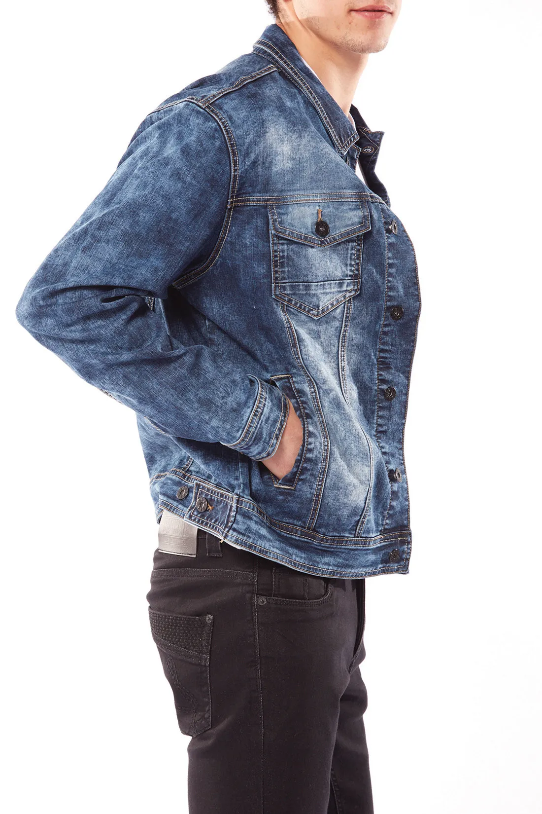 Slim Fit Classic Trucker Jean Jacket - Dark Blue Acid Wash