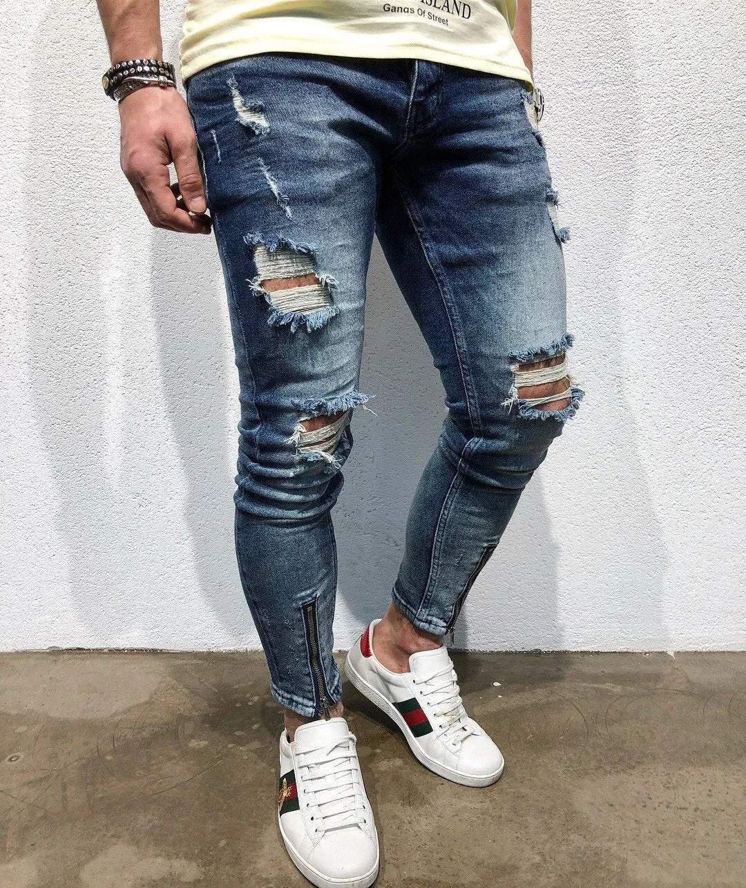 Sneakerjeans Blue Front Zipper Ripped Jeans B90