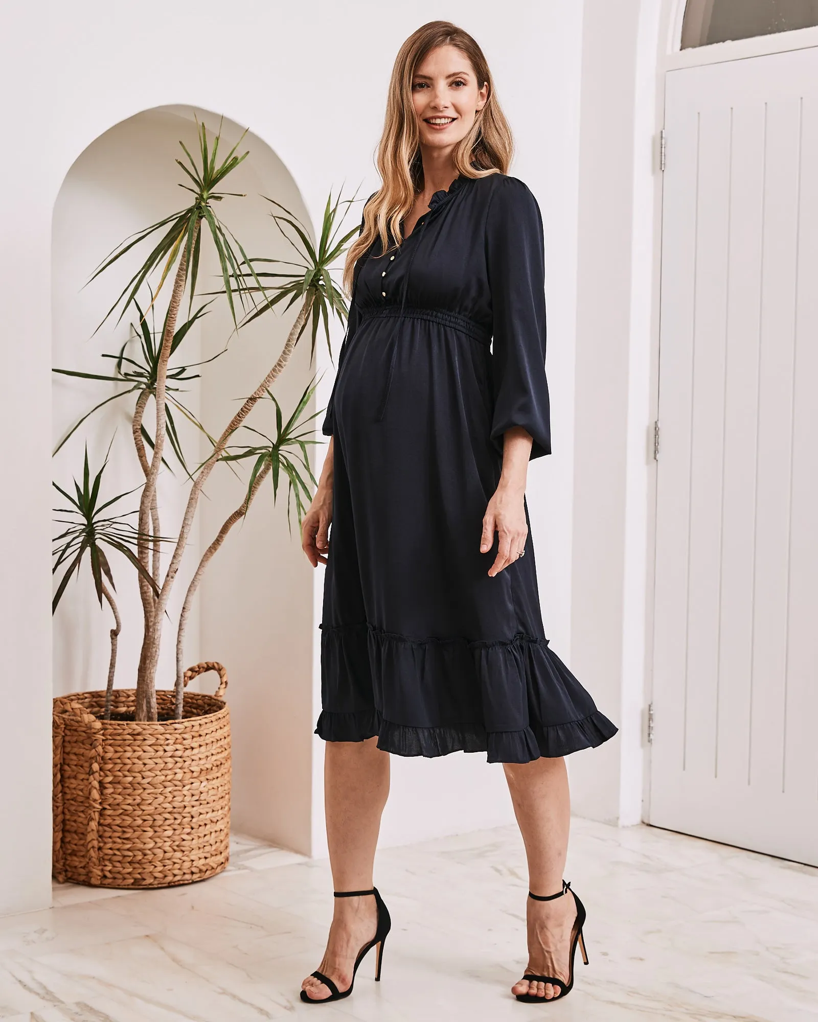 Stelle Baby Shower Button Front Dress in Navy